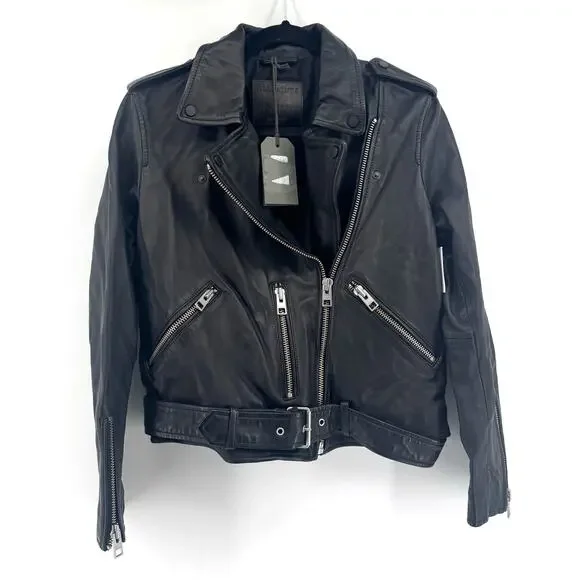 ALLSAINTS Balfern Leather Biker Jacket Size 8 NWT $619 Sheep Moto Belted - Picture 3 of 9